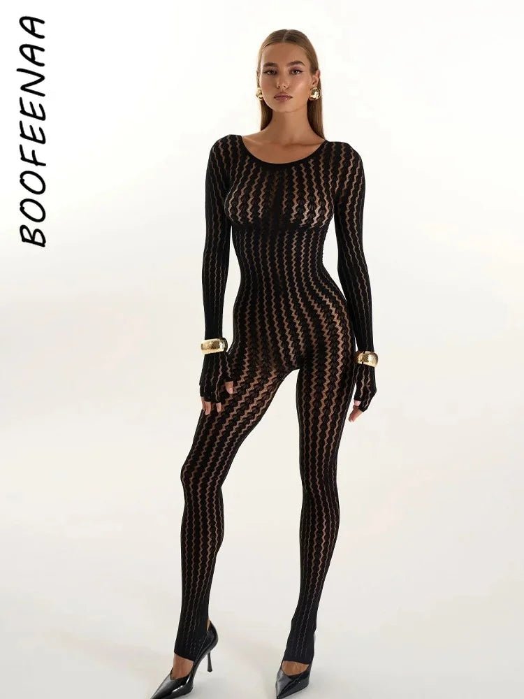Jumpsuit See Through Striped Jacquard One Piece Long Sleeve All Black - SN Wigs & More