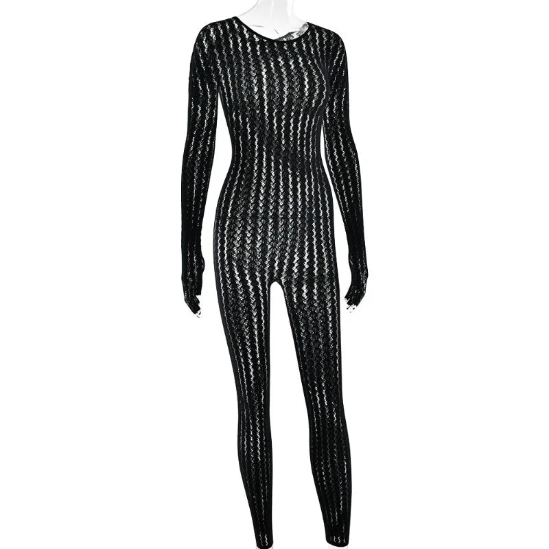Jumpsuit See Through Striped Jacquard One Piece Long Sleeve All Black - SN Wigs & More