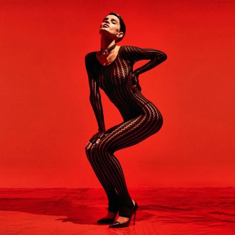Jumpsuit See Through Striped Jacquard One Piece Long Sleeve All Black - SN Wigs & More
