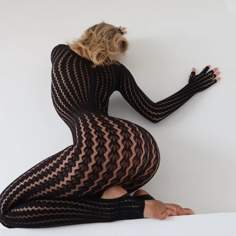 Jumpsuit See Through Striped Jacquard One Piece Long Sleeve All Black - SN Wigs & More