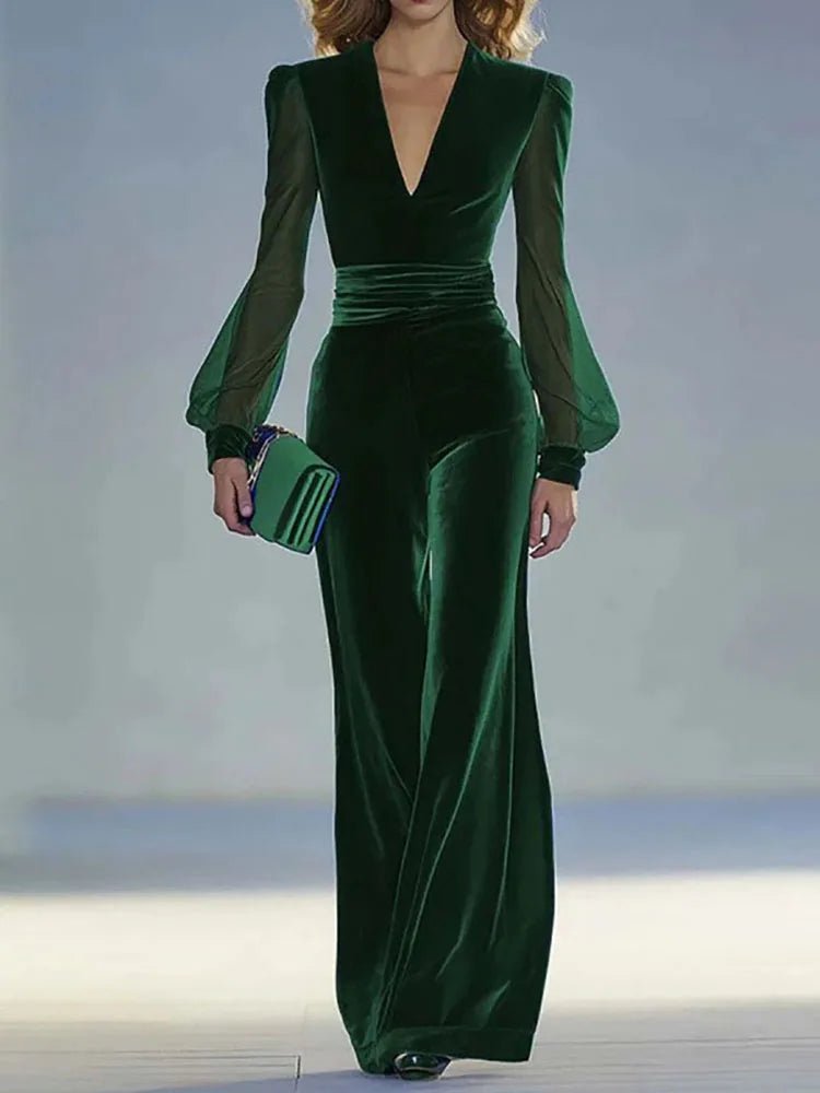 Jumpsuit Velvet Deep V Neck Long Sleeve Solid Color Slim Fit Chic Office Style For Fall - SN Wigs & More