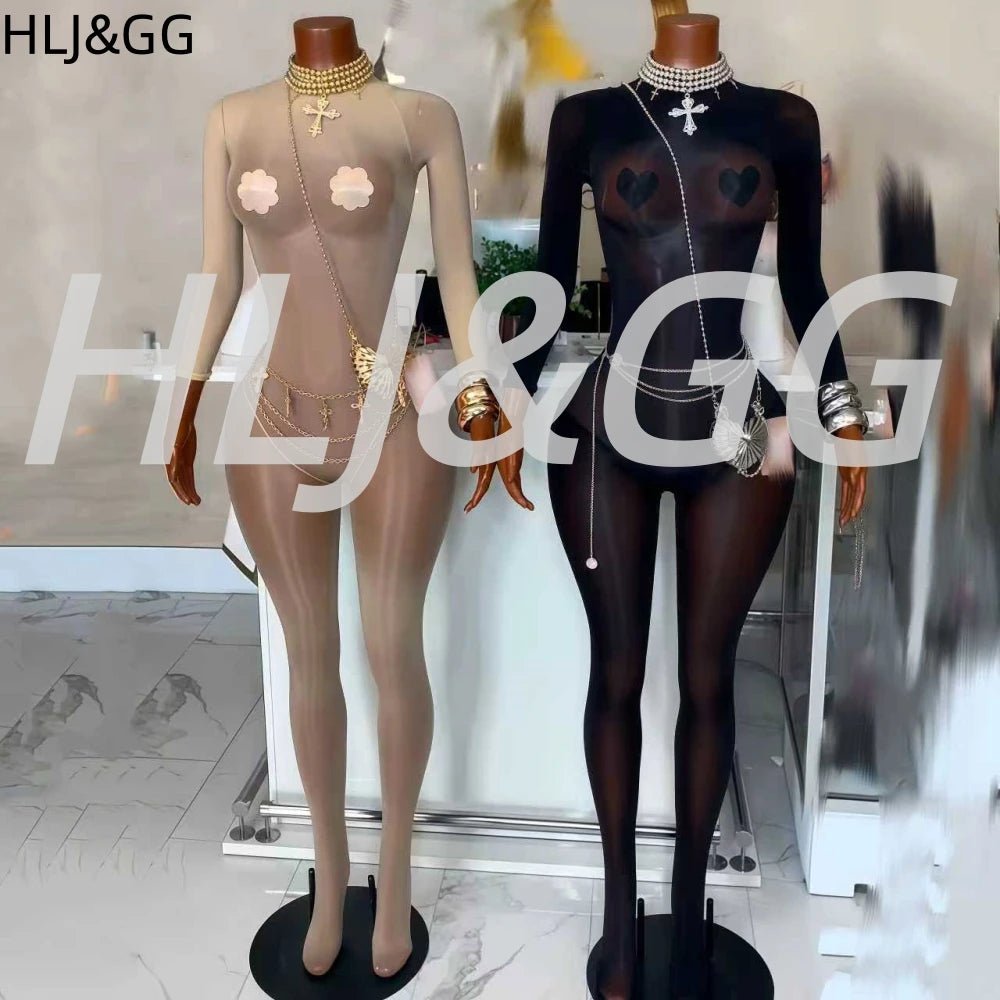 Jumpsuit With Bold Mesh See - Through Detail O - Neck Long Sleeve Bodycon Clubwear Style - SN Wigs & More