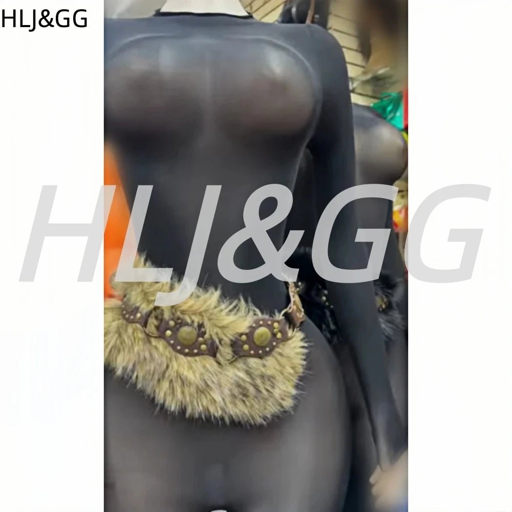 Jumpsuit With Bold Mesh See - Through Detail O - Neck Long Sleeve Bodycon Clubwear Style - SN Wigs & More