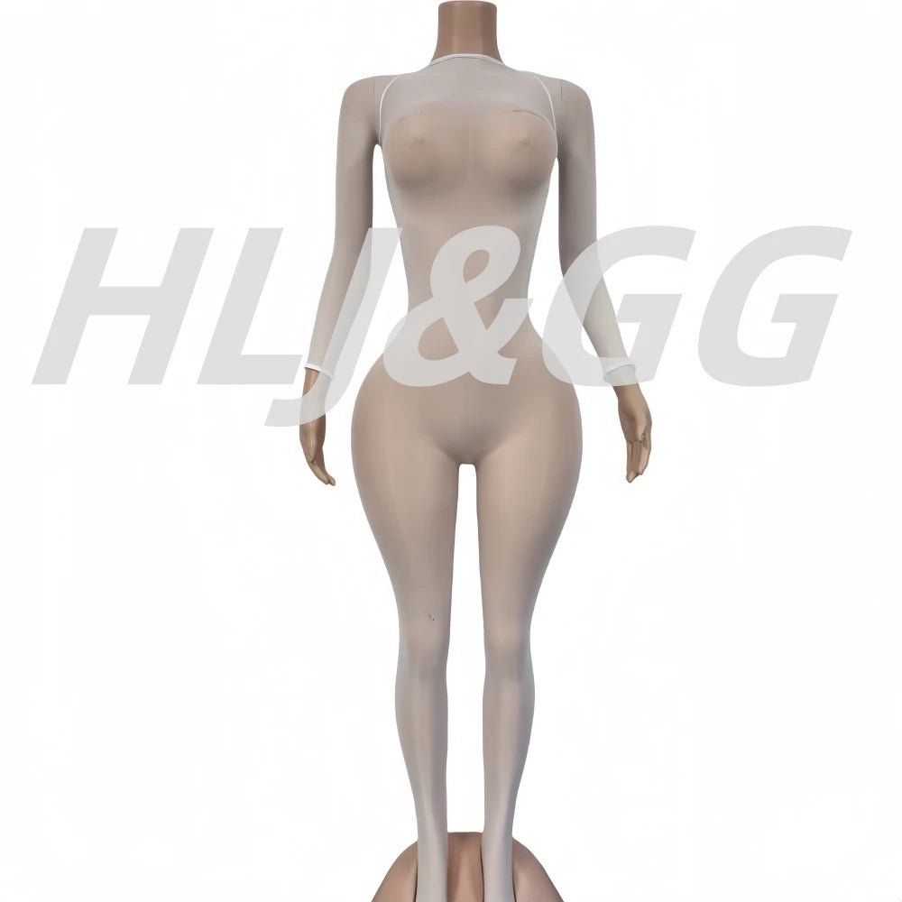 Jumpsuit With Bold Mesh See - Through Detail O - Neck Long Sleeve Bodycon Clubwear Style - SN Wigs & More