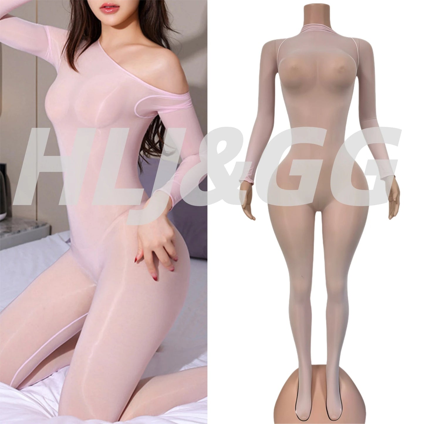 Jumpsuit With Bold Mesh See - Through Detail O - Neck Long Sleeve Bodycon Clubwear Style - SN Wigs & More