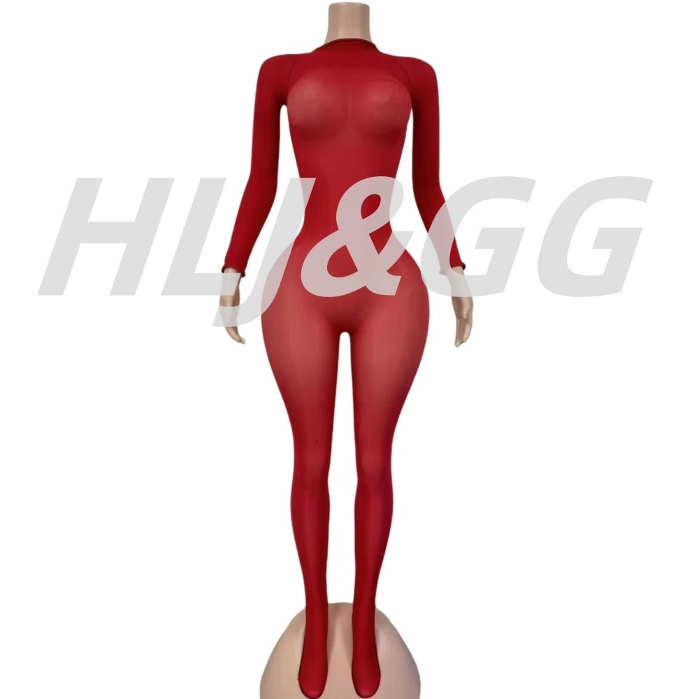 Jumpsuit With Bold Mesh See - Through Detail O - Neck Long Sleeve Bodycon Clubwear Style - SN Wigs & More