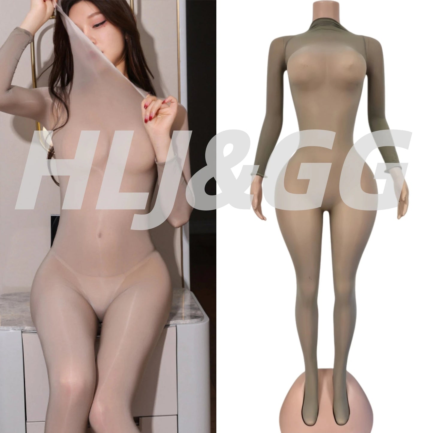 Jumpsuit With Bold Mesh See - Through Detail O - Neck Long Sleeve Bodycon Clubwear Style - SN Wigs & More