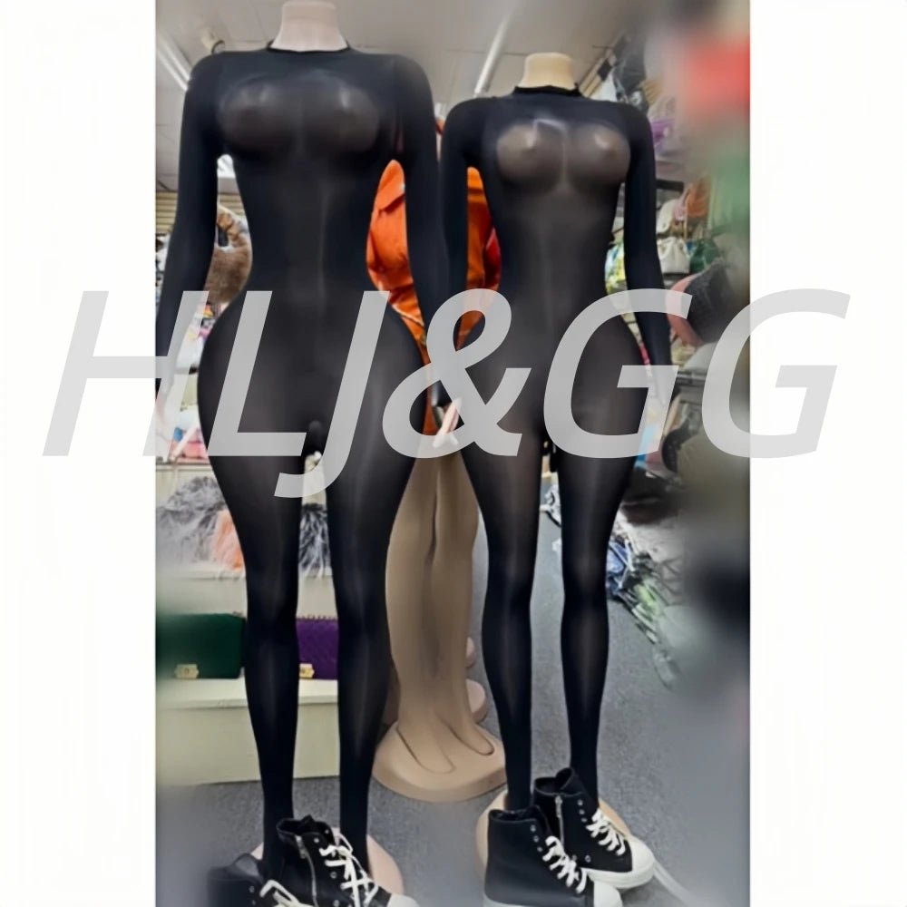Jumpsuit With Bold Mesh See - Through Detail O - Neck Long Sleeve Bodycon Clubwear Style - SN Wigs & More