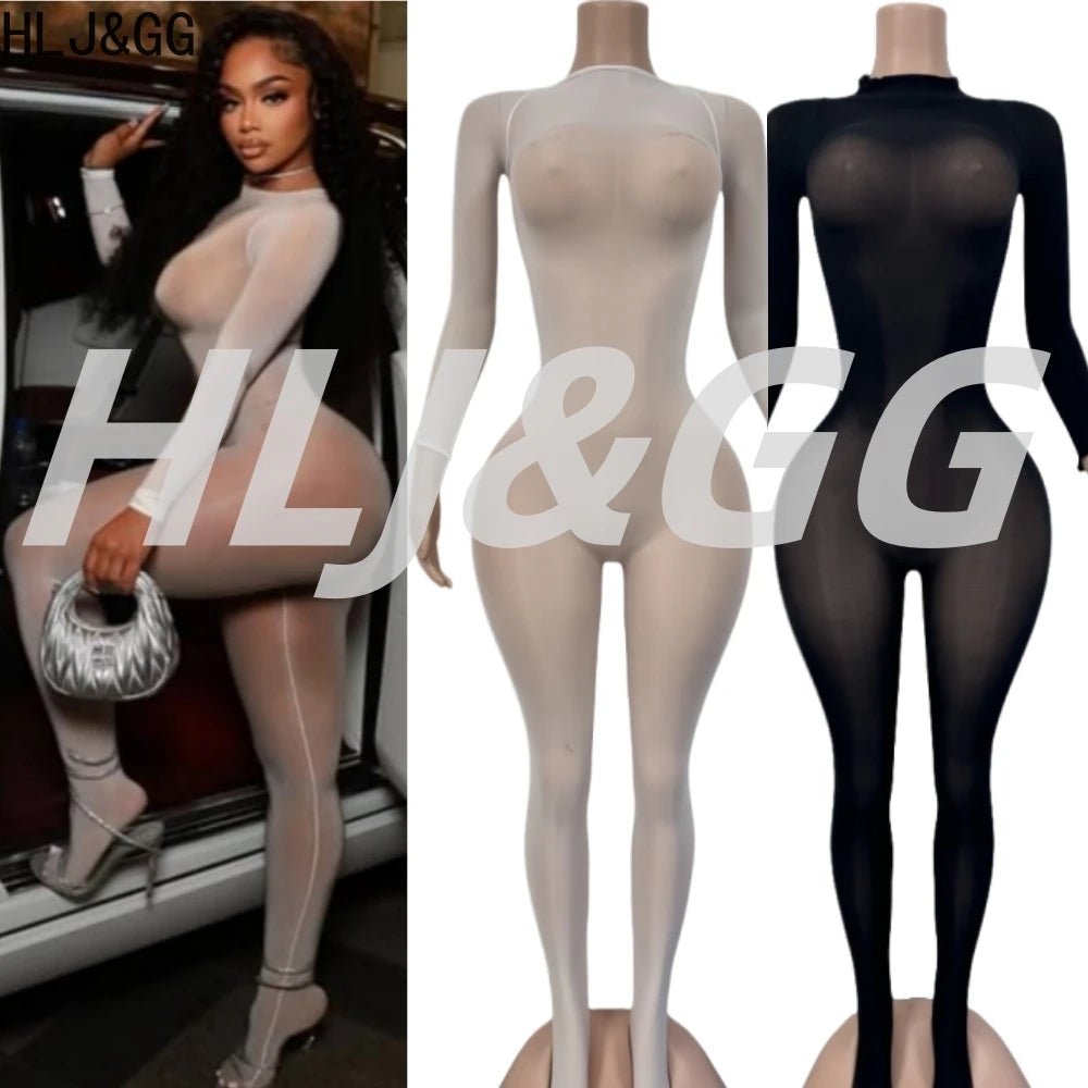 Jumpsuit With Bold Mesh See - Through Detail O - Neck Long Sleeve Bodycon Clubwear Style - SN Wigs & More