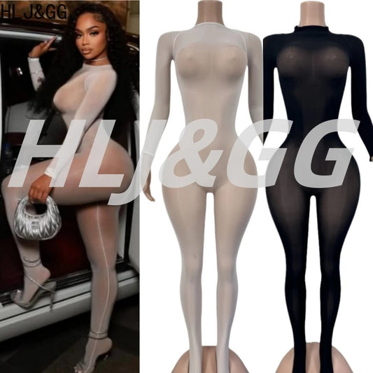 Jumpsuit With Bold Mesh See - Through Detail O - Neck Long Sleeve Bodycon Clubwear Style - SN Wigs & More