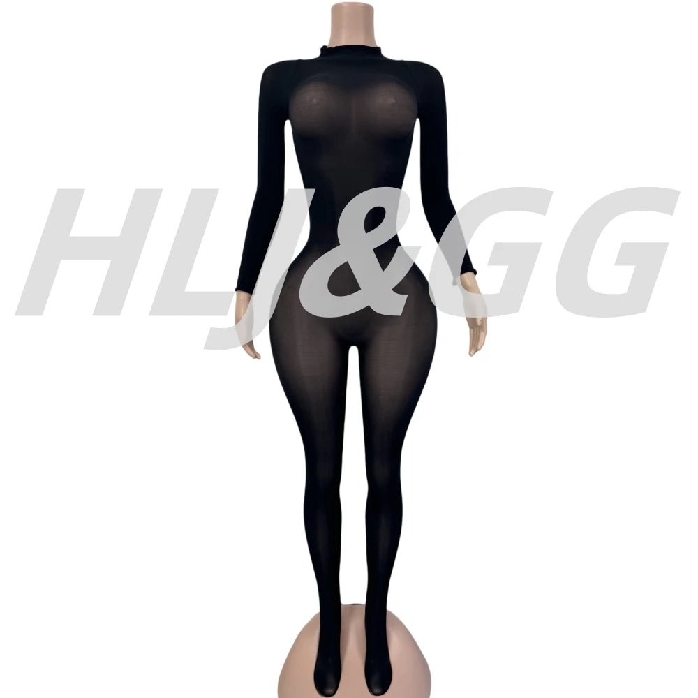Jumpsuit With Bold Mesh See - Through Detail O - Neck Long Sleeve Bodycon Clubwear Style - SN Wigs & More