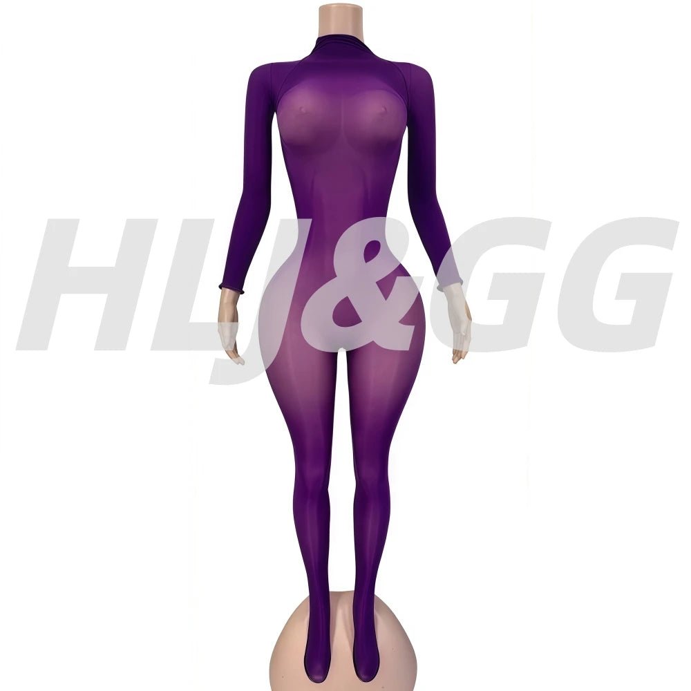 Jumpsuit With Bold Mesh See - Through Detail O - Neck Long Sleeve Bodycon Clubwear Style - SN Wigs & More