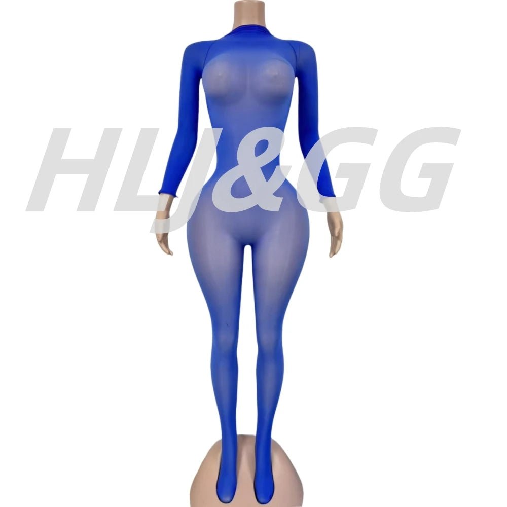 Jumpsuit With Bold Mesh See - Through Detail O - Neck Long Sleeve Bodycon Clubwear Style - SN Wigs & More
