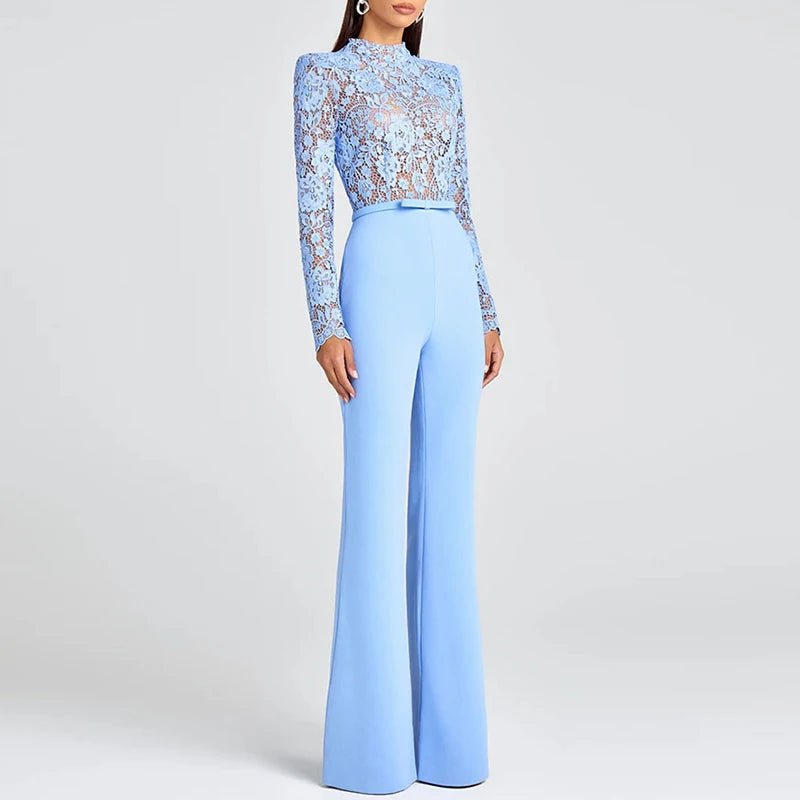Jumpsuit With Jacquard Lace Embroidery See - Through Crochet High - Waisted Flare Style - SN Wigs & More