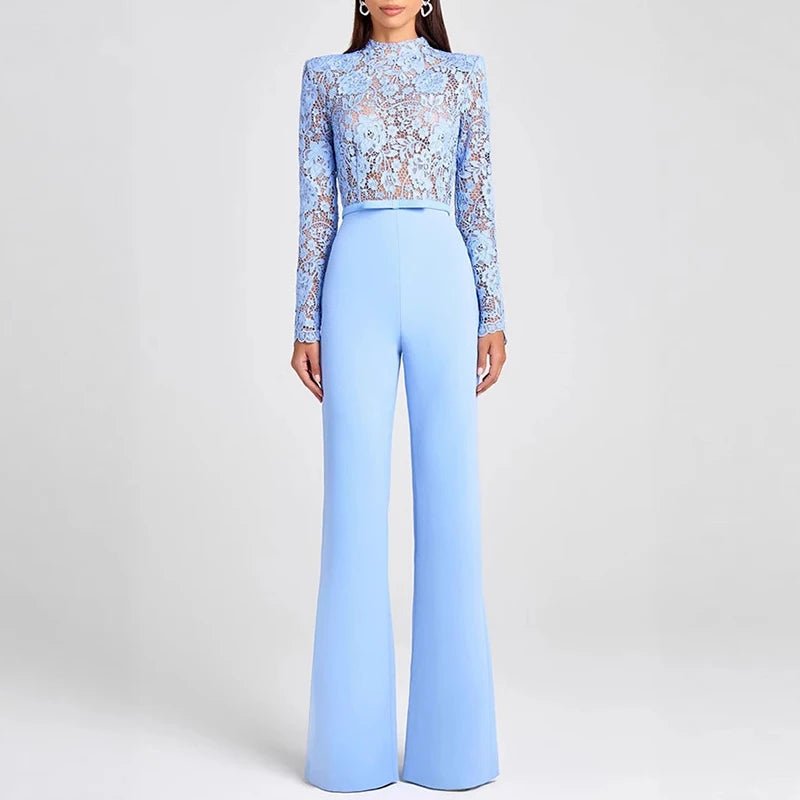 Jumpsuit With Jacquard Lace Embroidery See - Through Crochet High - Waisted Flare Style - SN Wigs & More