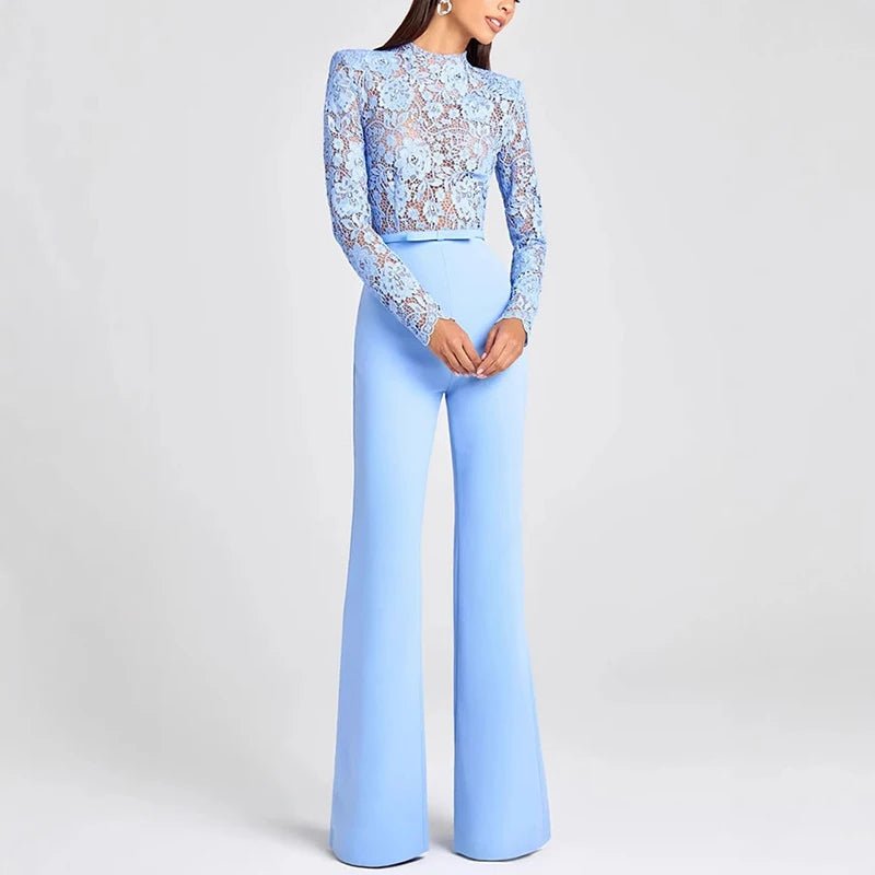 Jumpsuit With Jacquard Lace Embroidery See - Through Crochet High - Waisted Flare Style - SN Wigs & More