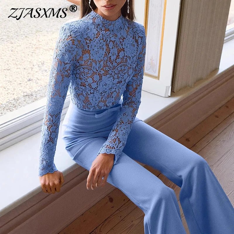 Jumpsuit With Jacquard Lace Embroidery See - Through Crochet High - Waisted Flare Style - SN Wigs & More
