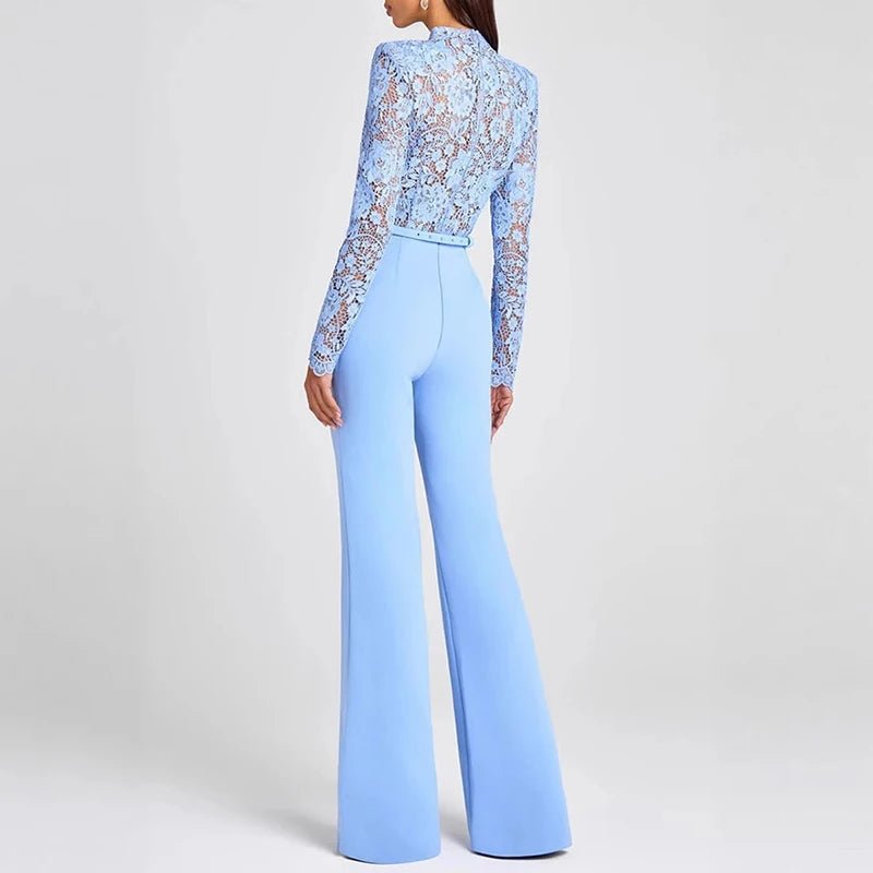 Jumpsuit With Jacquard Lace Embroidery See - Through Crochet High - Waisted Flare Style - SN Wigs & More