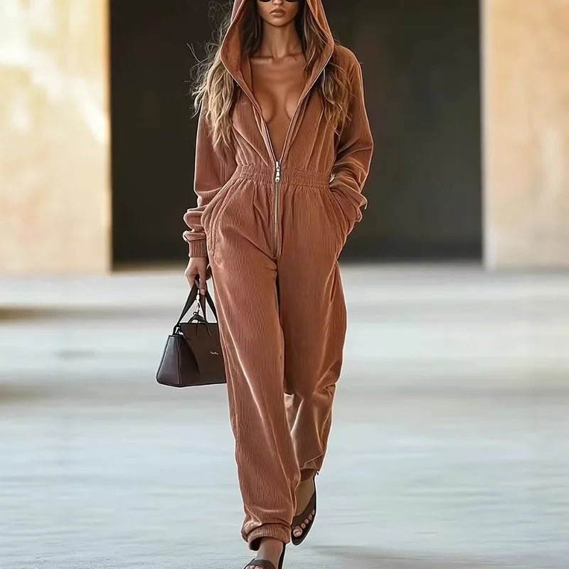 Jumpsuit With Zipper Hooded Sweatshirt For Women Solid Color Wide Leg Relaxed Fit With Pockets Casual Style - SN Wigs & More