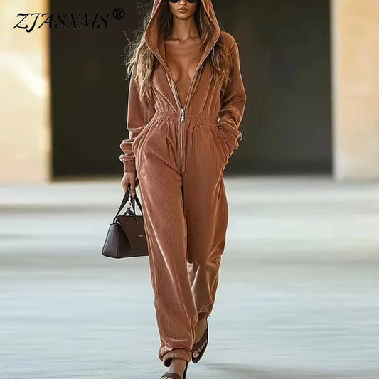 Jumpsuit With Zipper Hooded Sweatshirt For Women Solid Color Wide Leg Relaxed Fit With Pockets Casual Style - SN Wigs & More