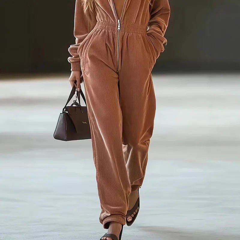 Jumpsuit With Zipper Hooded Sweatshirt For Women Solid Color Wide Leg Relaxed Fit With Pockets Casual Style - SN Wigs & More