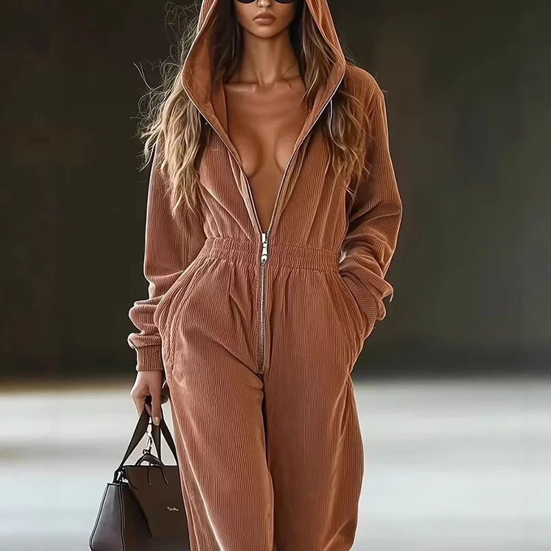Jumpsuit With Zipper Hooded Sweatshirt For Women Solid Color Wide Leg Relaxed Fit With Pockets Casual Style - SN Wigs & More