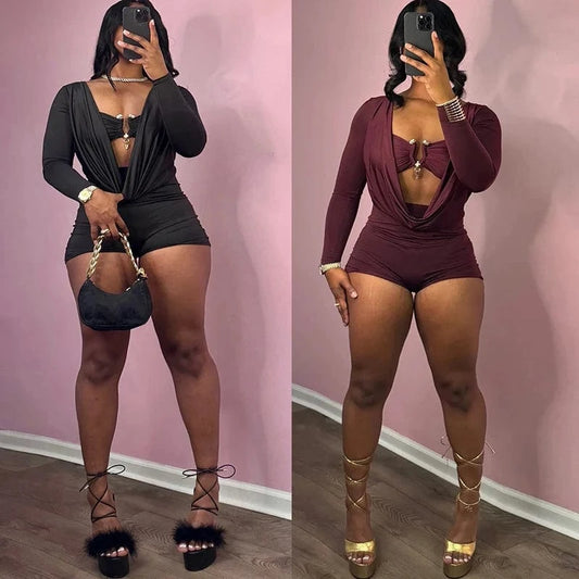 Jumpsuits for Women Sexy Deep V Neck Long Sleeve Romper Solid Color Bodycon Shorts Jumpsuit Club Wear One Piece Going Out Outfit
