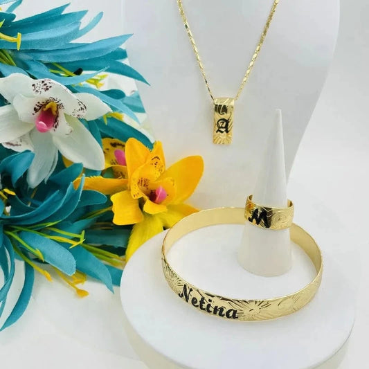 JX242 Customize name ring initial vertical necklace bracelet set Hawaiian Samoa jewelry wholesale personalized birthday gift