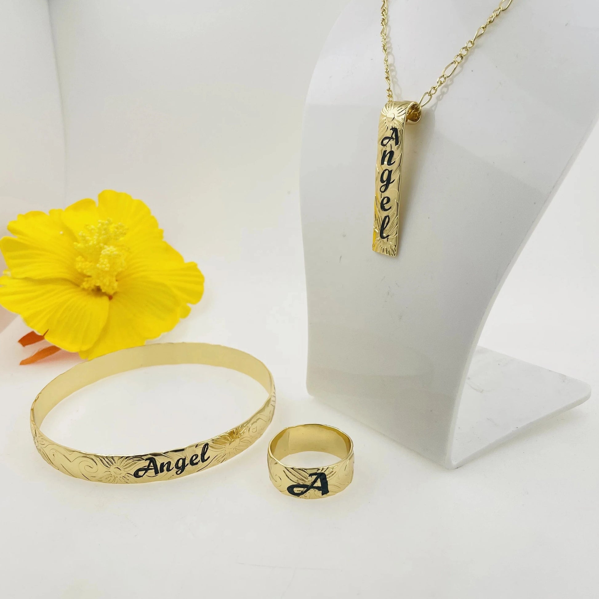 JX242 Customize name ring initial vertical necklace bracelet set Hawaiian Samoa jewelry wholesale personalized birthday gift