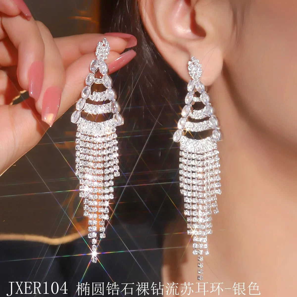 JXER102 / JXER104 Silver Hoyon Hot Selling Luxury Triangle Rhinestone Tassels Earrings Long Tailed Diamond Earrings Vintage Jewelry Rhinestone Earrings