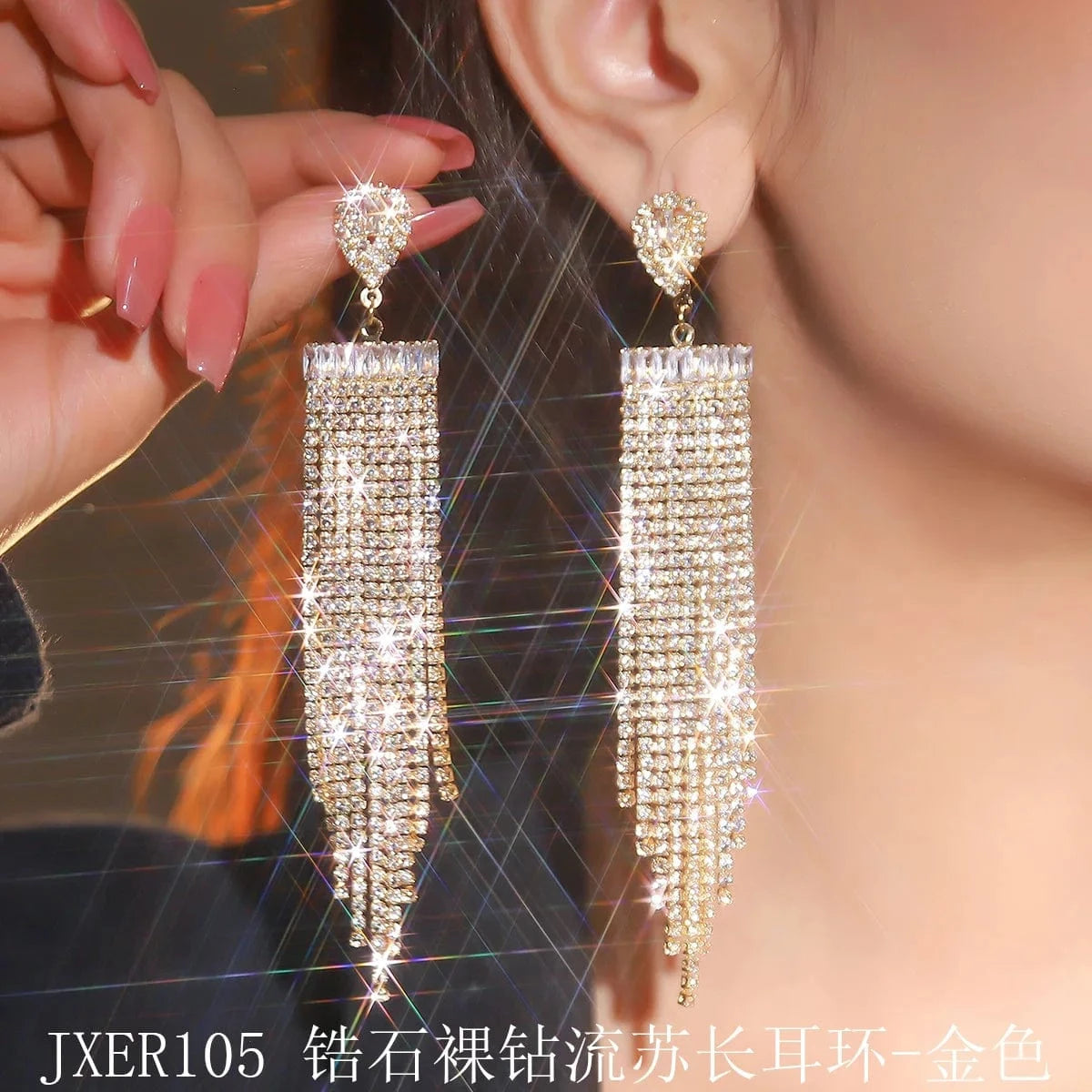 JXER102 / JXER105 GGold Hoyon Hot Selling Luxury Triangle Rhinestone Tassels Earrings Long Tailed Diamond Earrings Vintage Jewelry Rhinestone Earrings