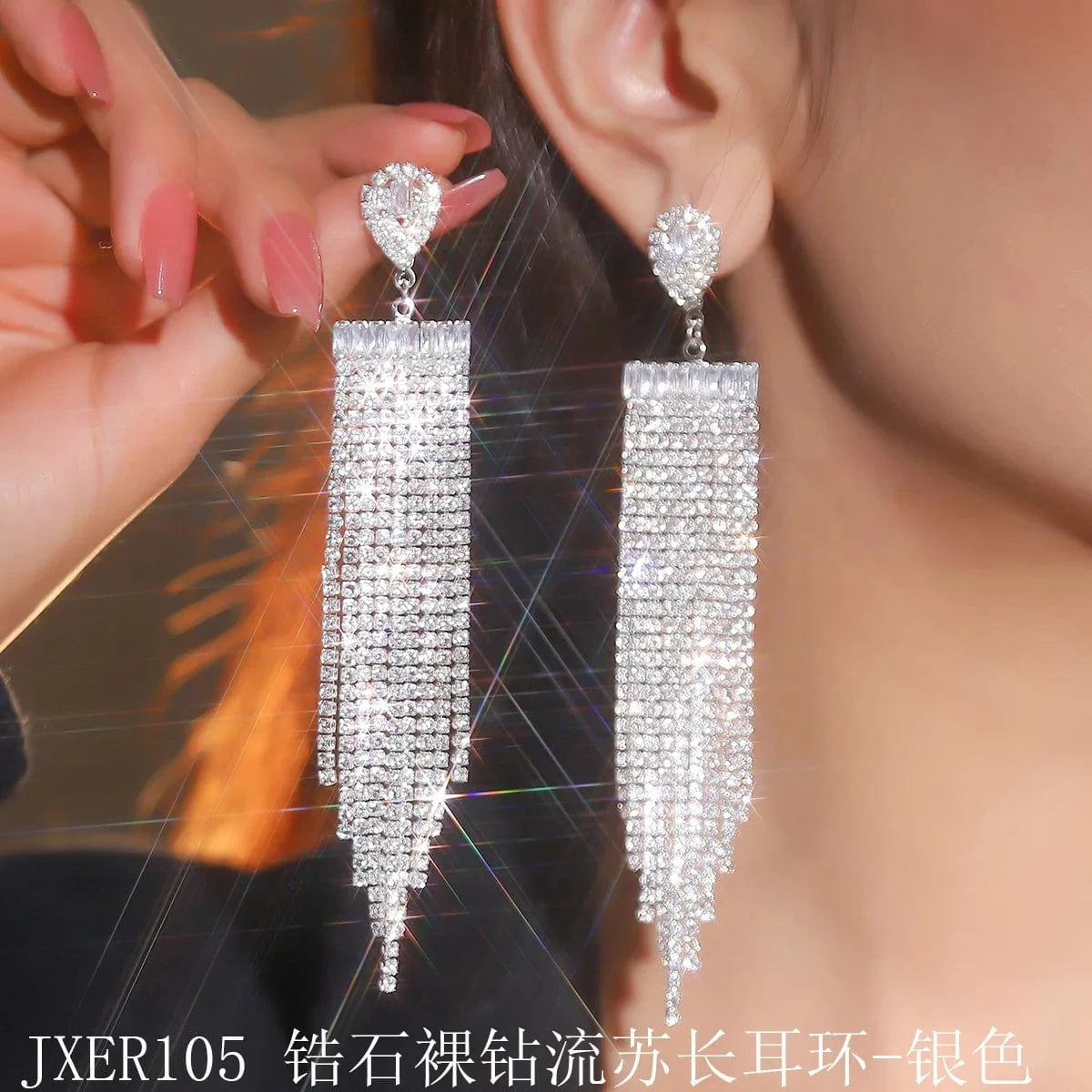 JXER102 / JXER105 Silver Hoyon Hot Selling Luxury Triangle Rhinestone Tassels Earrings Long Tailed Diamond Earrings Vintage Jewelry Rhinestone Earrings