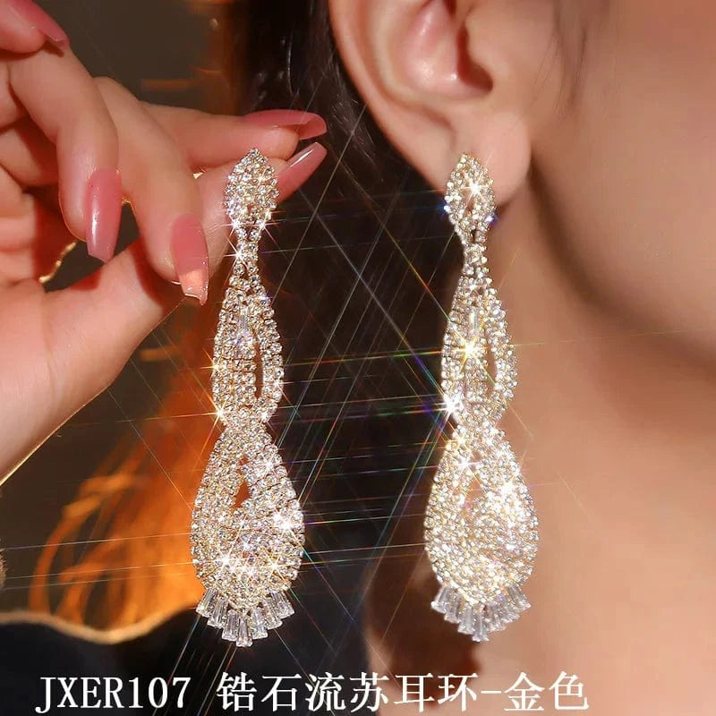 JXER102 / JXER107  Gold Hoyon Hot Selling Luxury Triangle Rhinestone Tassels Earrings Long Tailed Diamond Earrings Vintage Jewelry Rhinestone Earrings