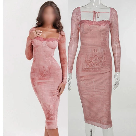 JY23603 New Manufacture Lace Long Sleeves Vacation Party Print Bodycon Square Neck Knit 2024 Dress