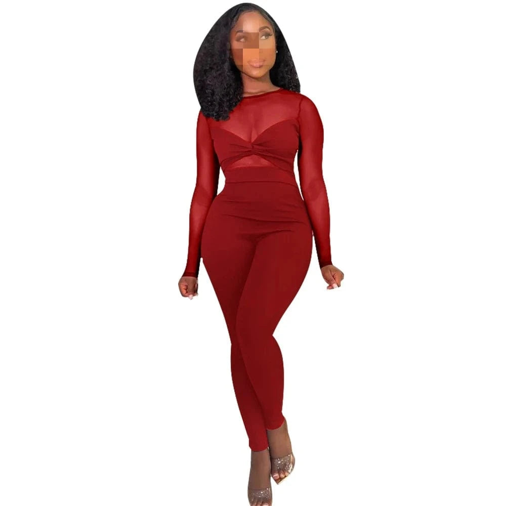 K10678 2024 Women Sexy Mesh Patchwork Summer Jumpsuits Solid color splicing sexy perspective slim-fit jumpsuit woman