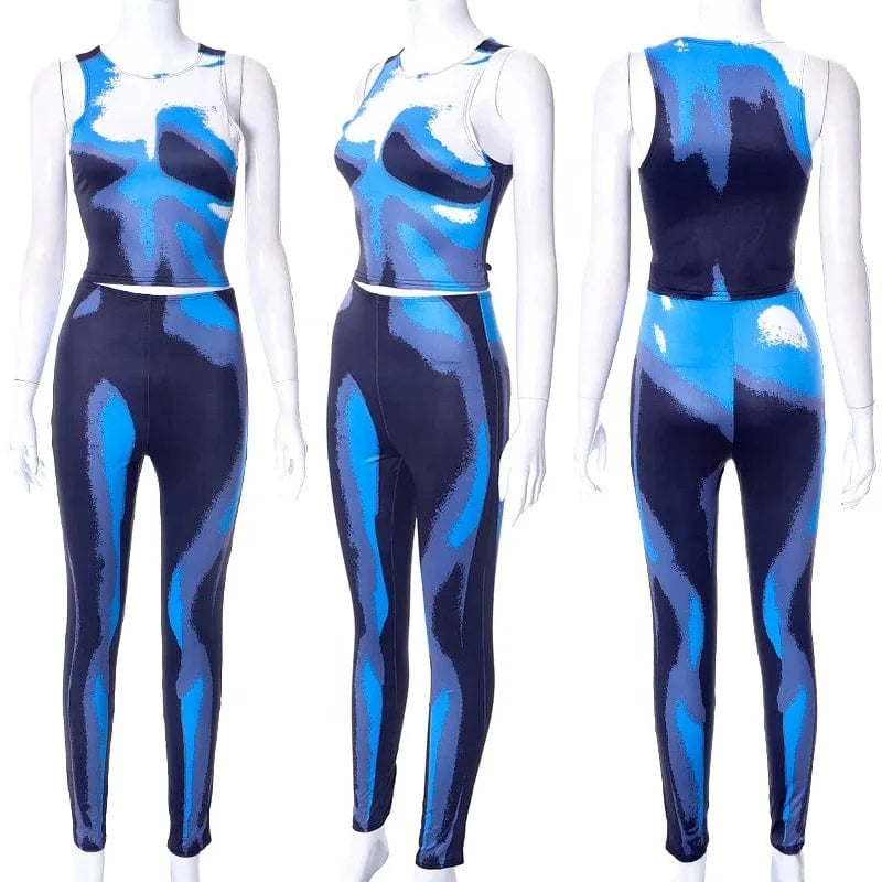 K22ST591 New model 2024 spring two piece set fashion printed american clothing bodycon pants sleeveless t shirts women's sets