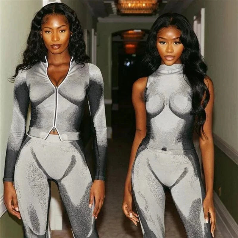 K22ST591 New model 2024 spring two piece set fashion printed american clothing bodycon pants sleeveless t shirts women's sets