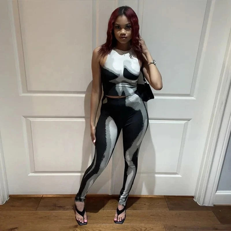 K22ST591 New model 2024 spring two piece set fashion printed american clothing bodycon pants sleeveless t shirts women's sets