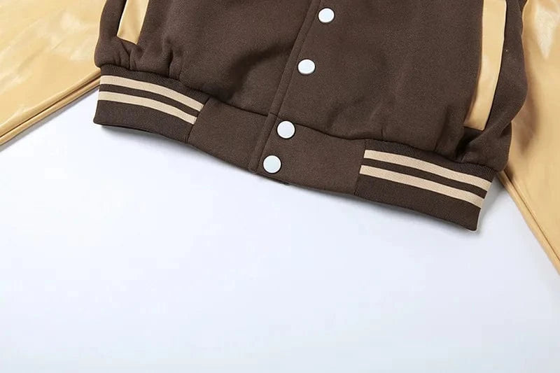 K23c40611 2024 Spring Bump Color Long Sleeve Button Letter Coat Patchwork Skinny Sexy Short Baseball Coat For Women Lady