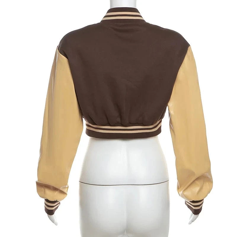 K23c40611 2024 Spring Bump Color Long Sleeve Button Letter Coat Patchwork Skinny Sexy Short Baseball Coat For Women Lady