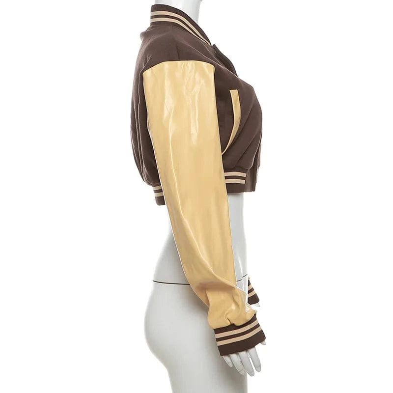 K23c40611 2024 Spring Bump Color Long Sleeve Button Letter Coat Patchwork Skinny Sexy Short Baseball Coat For Women Lady