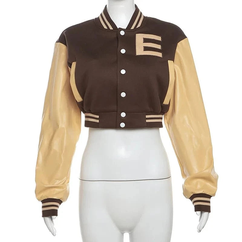 K23c40611 2024 Spring Bump Color Long Sleeve Button Letter Coat Patchwork Skinny Sexy Short Baseball Coat For Women Lady