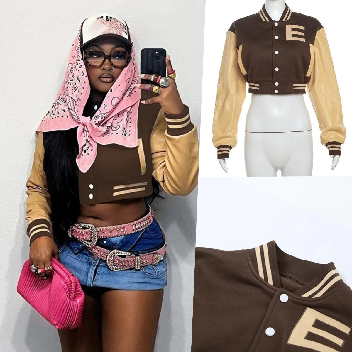 K23c40611 2024 Spring Bump Color Long Sleeve Button Letter Coat Patchwork Skinny Sexy Short Baseball Coat For Women Lady