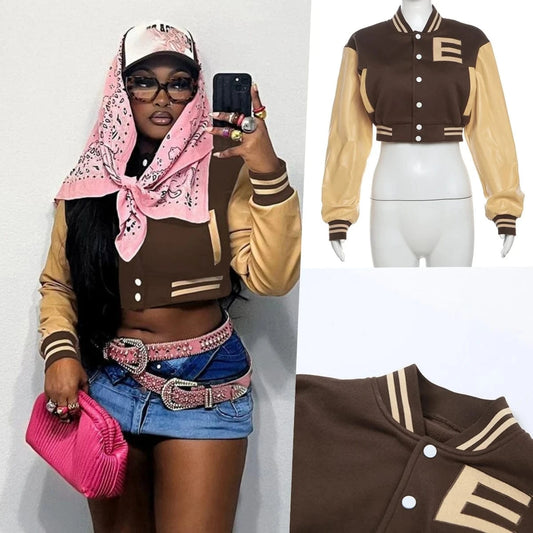 K23c40611 2024 Spring Bump Color Long Sleeve Button Letter Coat Patchwork Skinny Sexy Short Baseball Coat For Women Lady