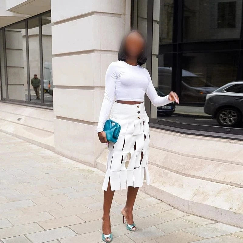 K23j39543 Autumn 2024 New Hole See Through High Waist Skirt Solid Loose Casual Outfit Streetwear Fashion Skirt For Women