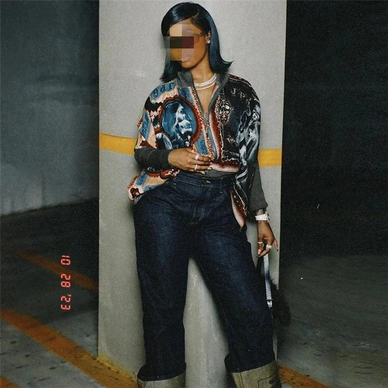 K23l38569 Autumn Winter 2024 New Irregular Patchwork 3d Print Long Sleeve Top Bodycon Zipper Casual Fashion Top For Women