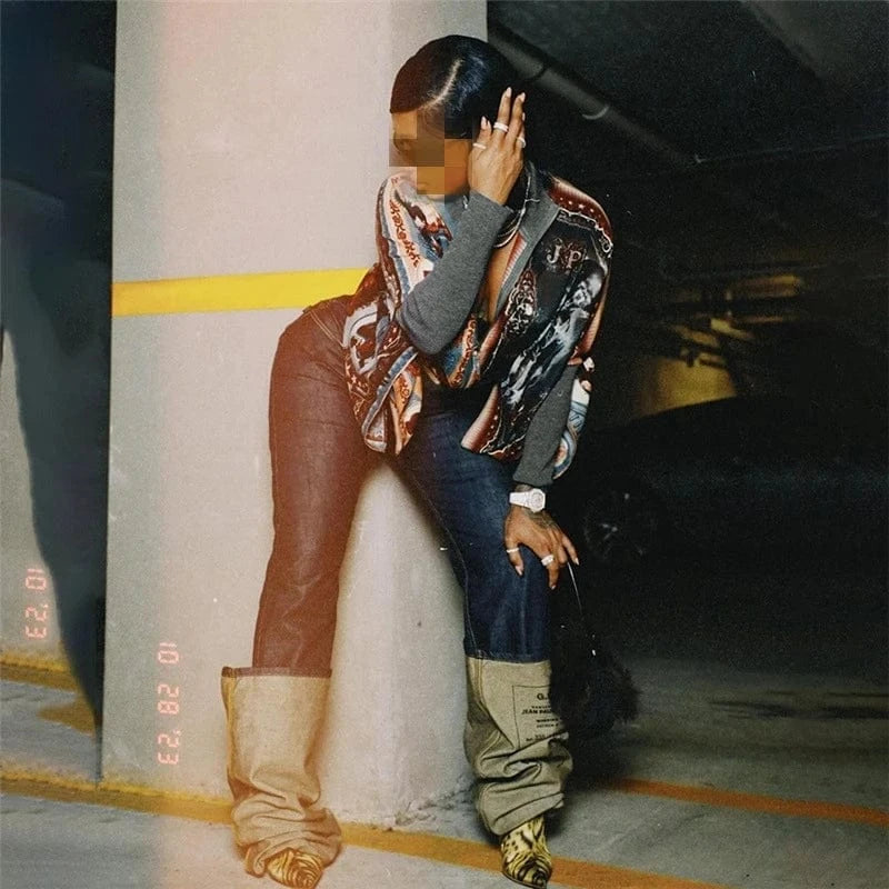 K23l38569 Autumn Winter 2024 New Irregular Patchwork 3d Print Long Sleeve Top Bodycon Zipper Casual Fashion Top For Women