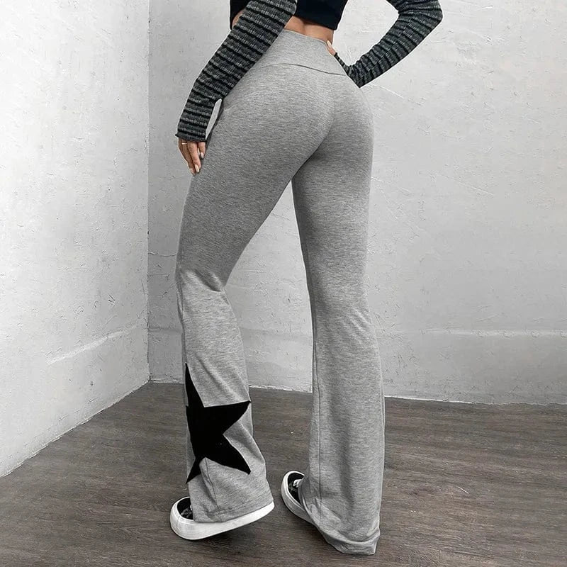 K23pt526 Autumn Winter 2023 New Pentagram Patchwork High Waist Flared Pant Solid Bodycon Casual Trouser For Women Lady