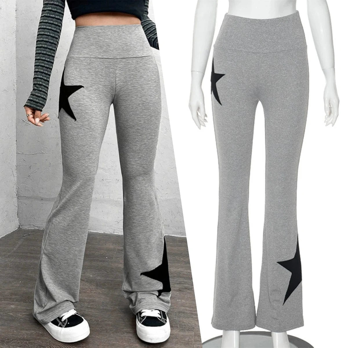 K23pt526 Autumn Winter 2023 New Pentagram Patchwork High Waist Flared Pant Solid Bodycon Casual Trouser For Women Lady