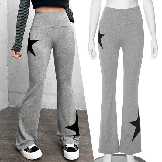 K23pt526 Autumn Winter 2023 New Pentagram Patchwork High Waist Flared Pant Solid Bodycon Casual Trouser For Women Lady